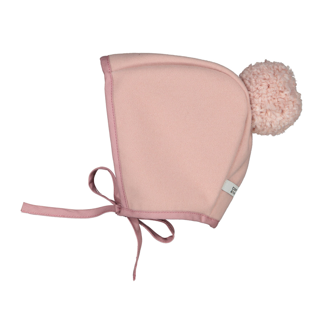 Plush pink bonnet with pink bobble