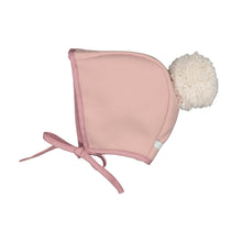 Load image into Gallery viewer, Plush pink bonnet with white bobble
