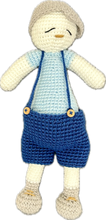 Load image into Gallery viewer, Knitted Little Man Toy in Blue Dungarees
