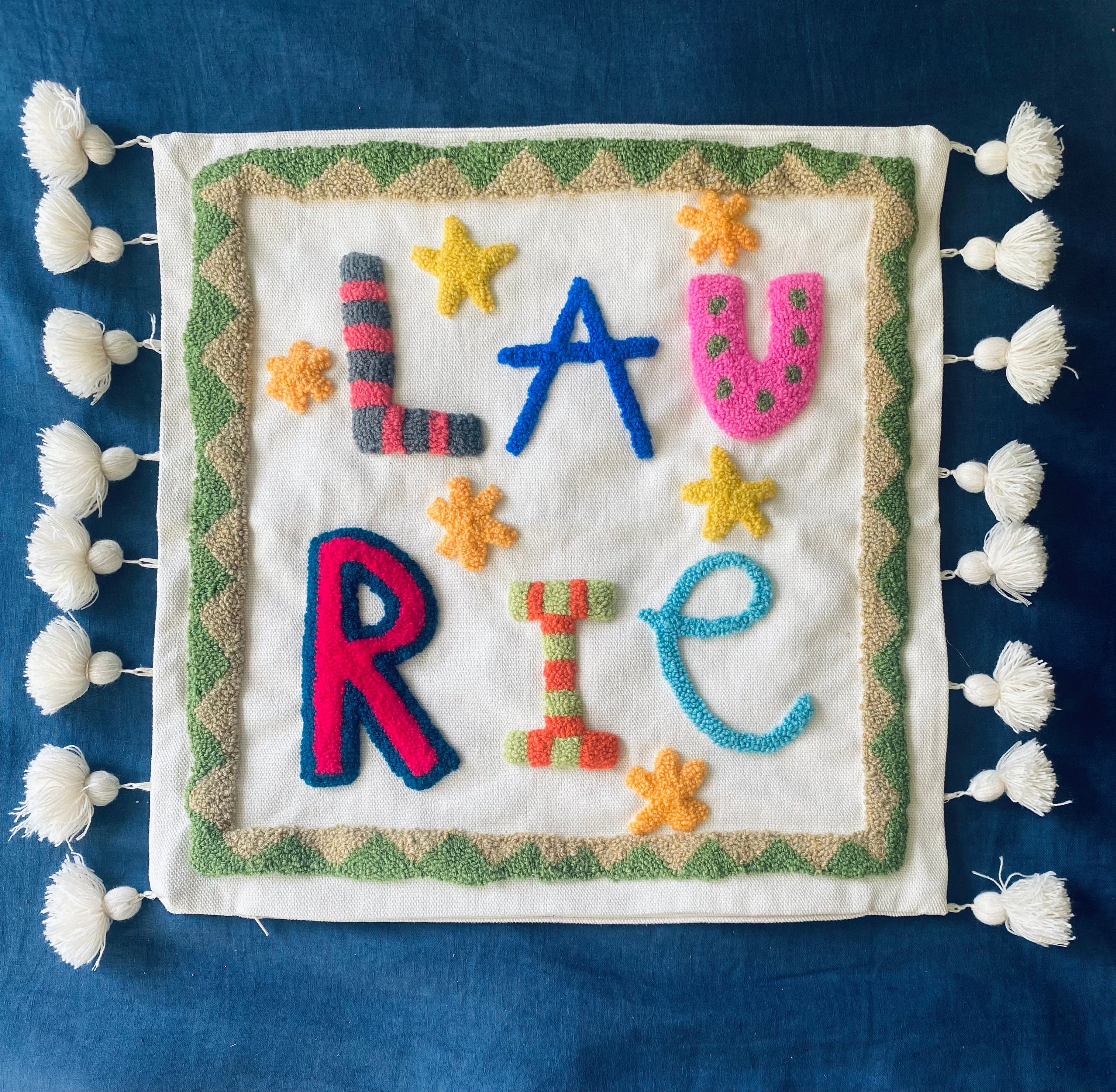 Tasseled little treasure name cushion (made to order)