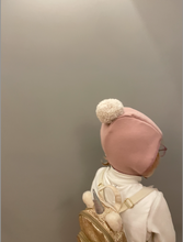 Load image into Gallery viewer, Plush pink bonnet with white bobble
