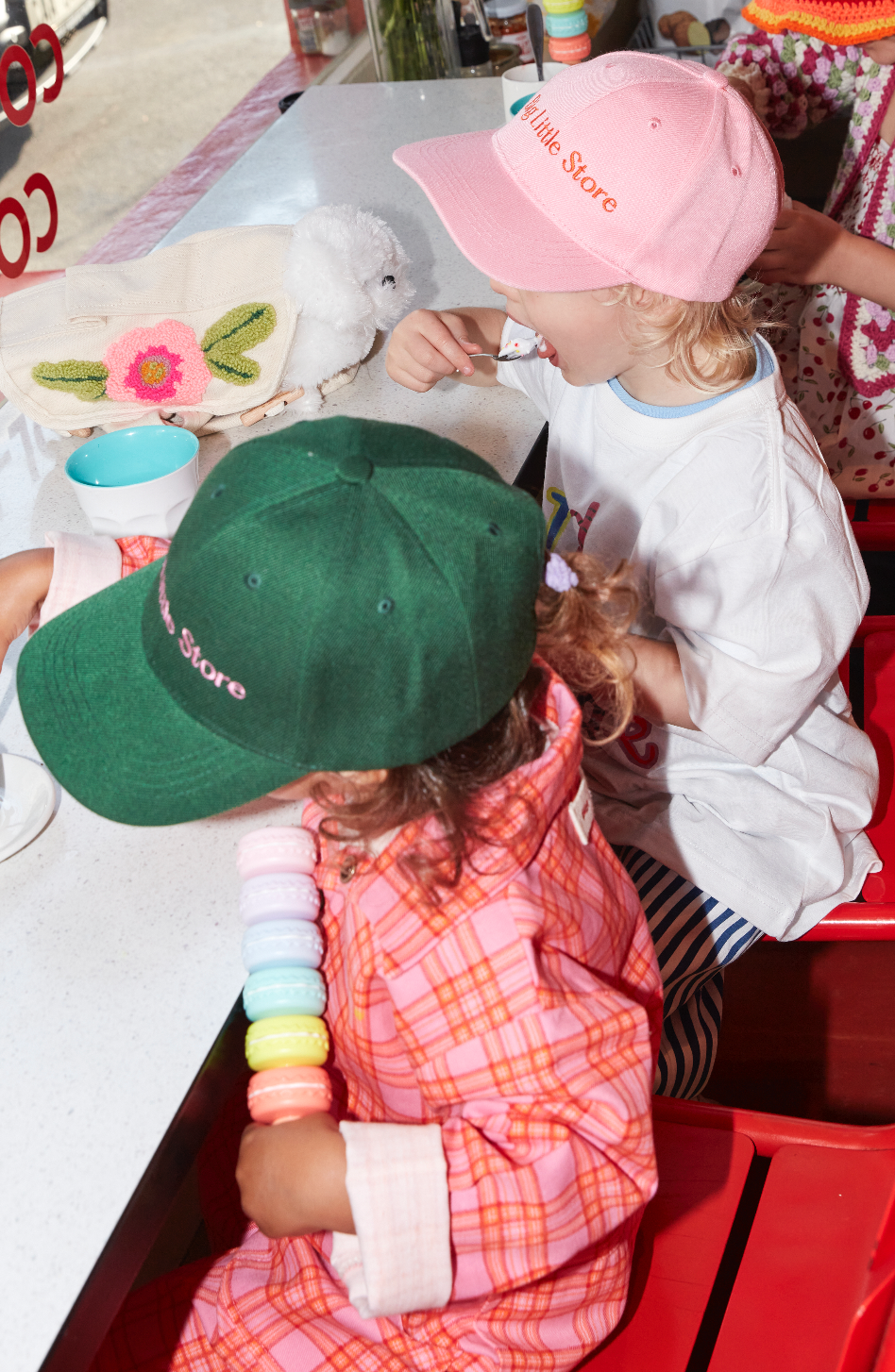 Kids Green Peak Hat with Pink Embroidery