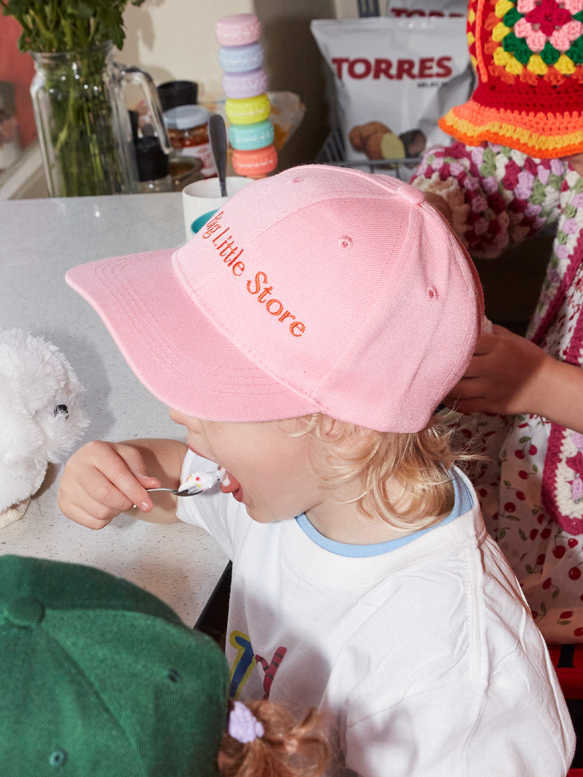 Kids' Pink Cap with 'Big Little Store' Red Embroidery