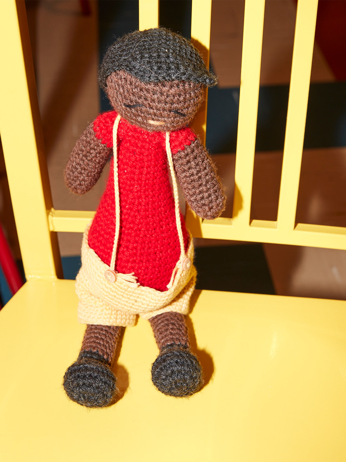 Knitted Little Man in Yellow Dungarees Huggable