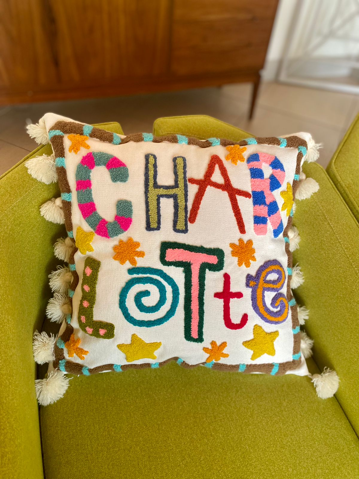 Tasseled little treasure name cushion (made to order)