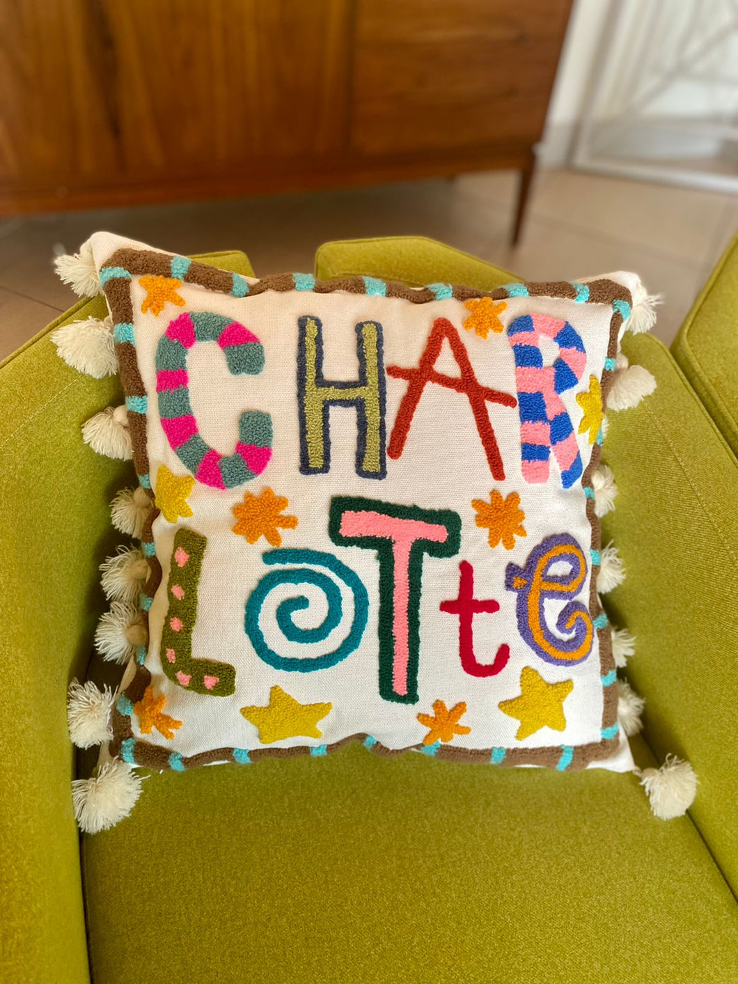 Tasseled little treasure name cushion (made to order)