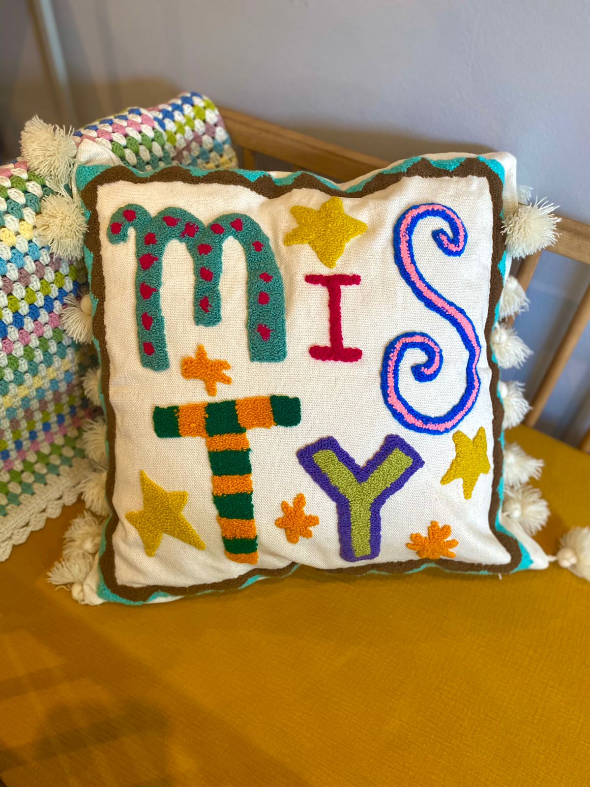 Tasseled little treasure name cushion (made to order)